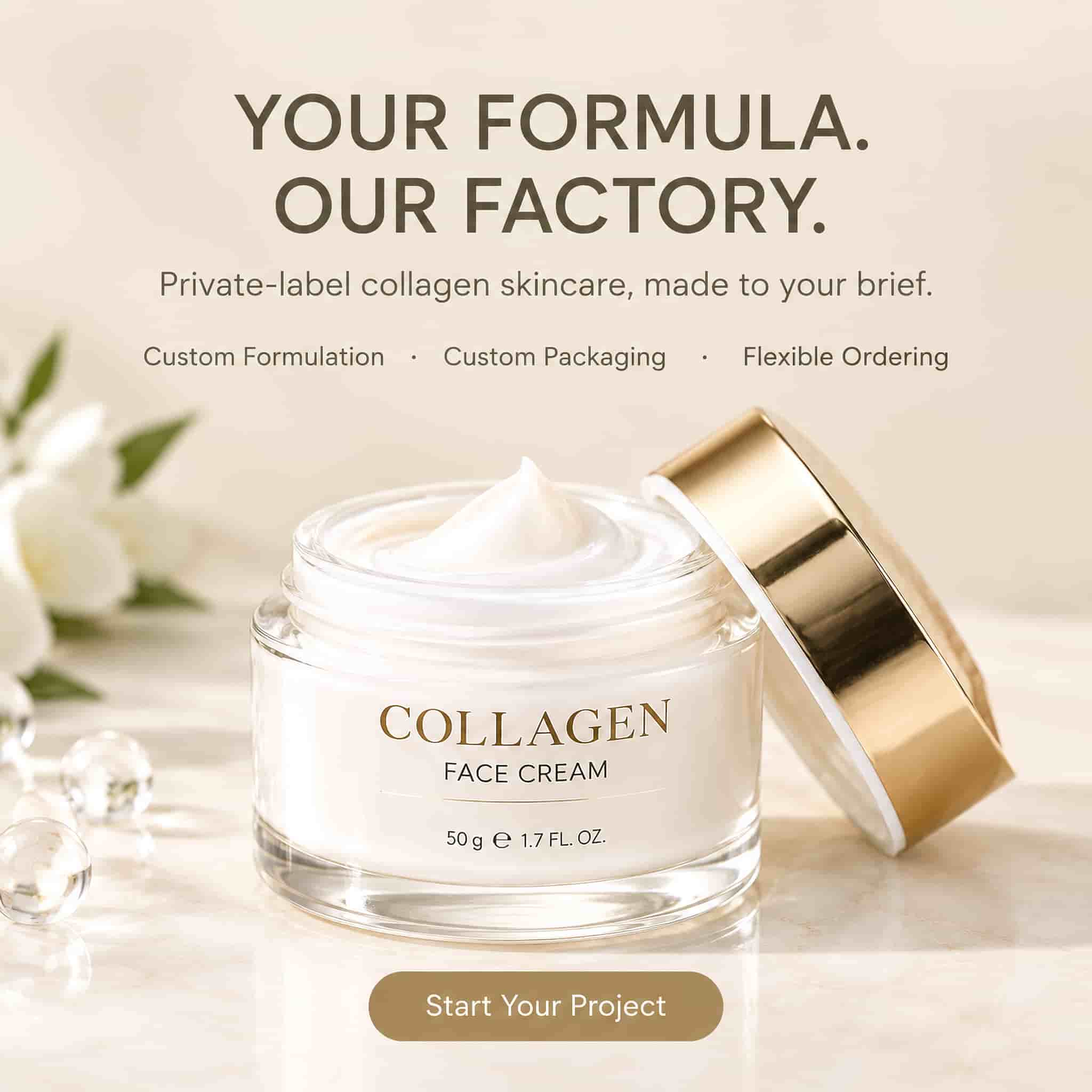 Private Label Collagen Face Cream Anti-Aging Firming Hydrating and Barrier Repairing with Hydrolyzed Collagen Ceramides and Panthenol MLXL OEM COSMETIC Custom Formulated Manufacturer for Your Brand